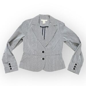 Sandro Seersucker Navy Blue White Pinstripe Cotton Blazer Jacket Women's Small